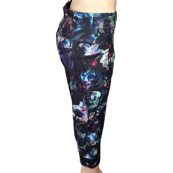 RBX +1X Floral Print Wide Waistband High Waisted Wicking Pockets Capri Leggings - Picture 3 of 6